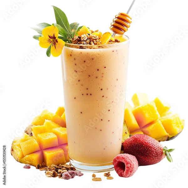 Fototapeta Delicious mango smoothie in a glass with granola and honey dipper surrounded by fresh fruit pieces on transparent background