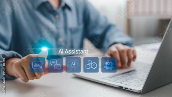 Obraz Person using AI assistant interface on laptop with digital icons, concept of artificial intelligence in everyday life, smart technology, and virtual assistant productivity tools.