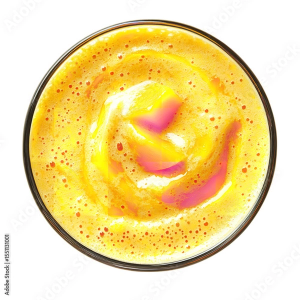 Fototapeta Aerial view of a vibrant yellow smoothie with pink swirls in a glass on a black background top down view on transparent background