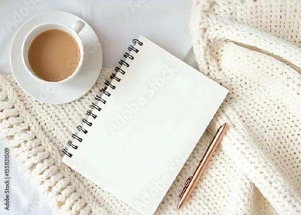 Fototapeta  cozy cream knit blanket is spread on a bed, with a notebook and a rose gold pen placed on top, creating a calm and elegant workspace or relaxation setting.