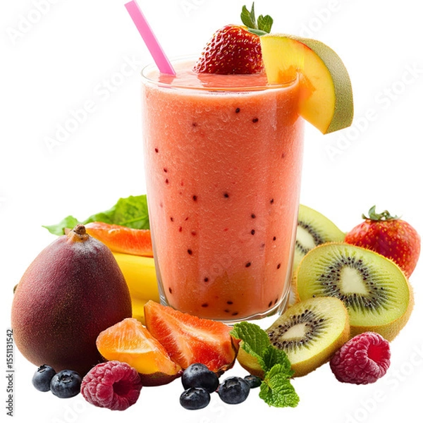 Fototapeta A tall glass of fruit smoothie with a pink straw and fresh fruit garnishes around it on a black background on transparent background