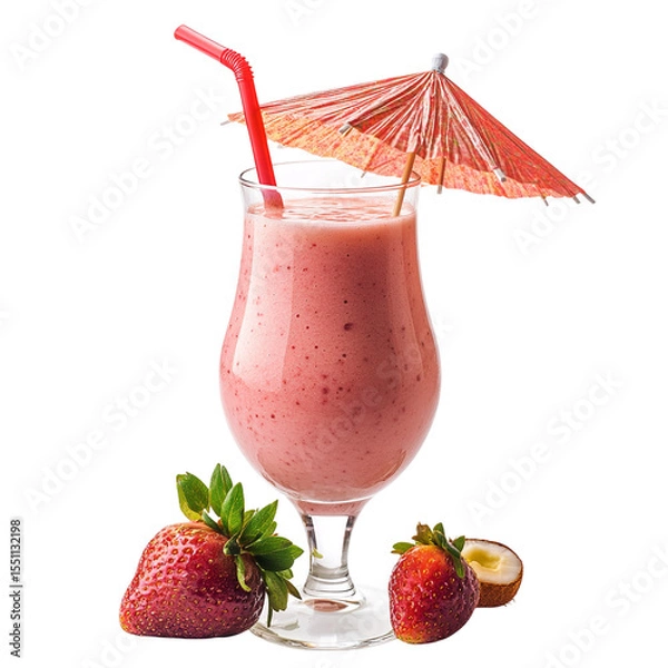 Fototapeta Strawberry smoothie in a glass with a red straw and umbrella next to strawberries on a black background on transparent background