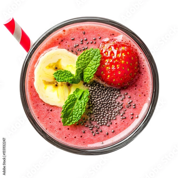 Fototapeta Overhead view of a strawberry banana smoothie with toppings and a red and white striped straw in a glass on transparent background