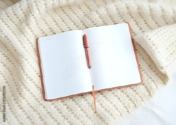Fototapeta  cozy cream knit blanket is spread on a bed, with a notebook and a rose gold pen placed on top, creating a calm and elegant workspace or relaxation setting.