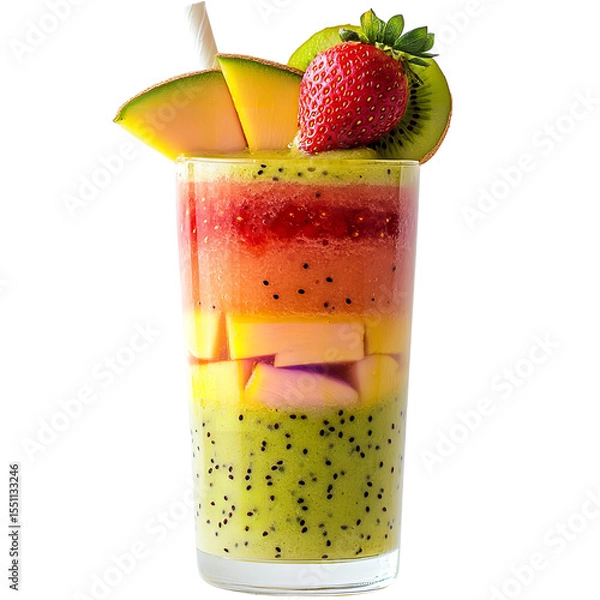 Fototapeta A tall glass filled with layers of fruit smoothie and topped with fresh fruit slices and a straw on transparent background