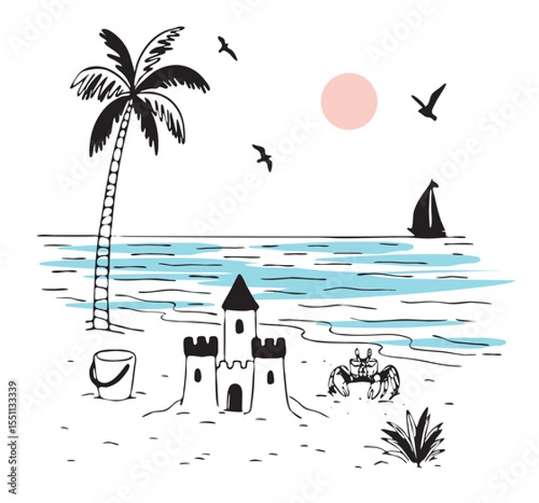 Fototapeta tropical landscape vector sketch. sand castle on the ocean shore vector sketch
