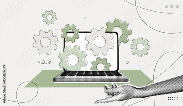 Fototapeta Trendy Halftone Collage Computer Laptop with Cogwheel Gears. 
Goal achievement project. Programming, upgrade and repair. Work optimization. Project management. Contemporary vector illustration art