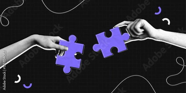 Fototapeta Trendy Halftone Collage Two Hands combine puzzle pieces. Teamwork and brainstorm concept. Business idea and solution. Partnership relationship. Contemporary vector illustration art