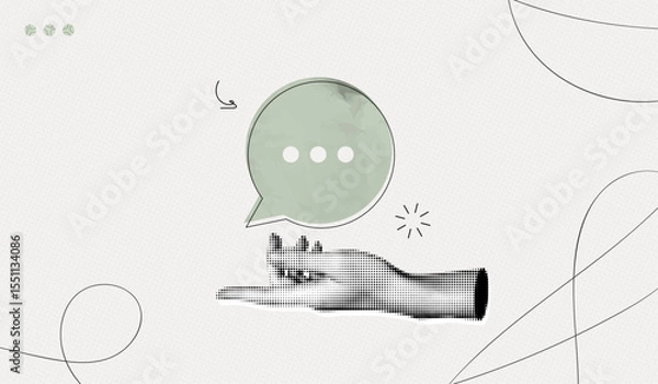 Fototapeta Trendy Halftone Collage Hand with speech bubble message. Social media communication concept. Space for text. Online discussion on forum. Contemporary vector illustration art