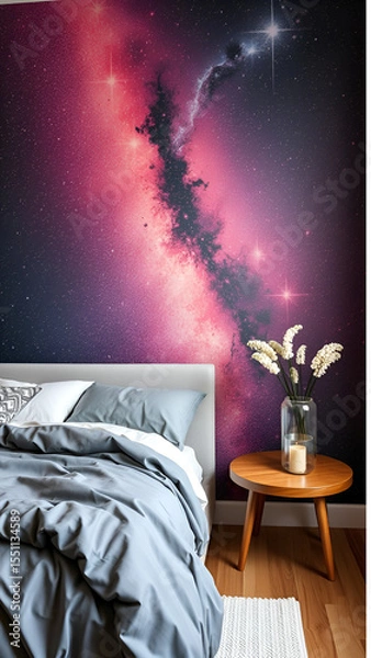 Obraz A relaxing bedroom scene featuring a bed with soft light gray bedspreads and matching pillows, placed against a vibrant galaxy-themed feature wall. The wall depicts a picturesque 