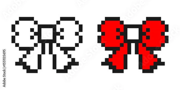 Obraz Pixel art bows in black-white and red color, in cute 8-bit retro style.