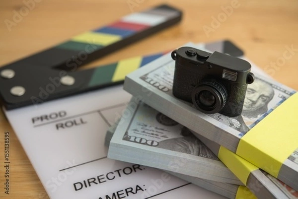 Fototapeta Digital camera on stack US dollar bill banknotes and clapperboard. Sell content photo or video clips and making money in stock photo microstock online website or mobile app, passive income concept.