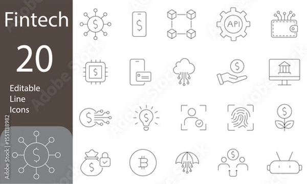 Fototapeta Fintech Editable Line Icons Set. mining, technology, e-wallets, cryptocurrency, and more. Vector illustration