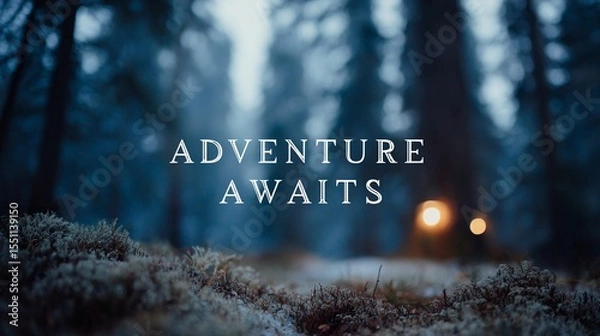 Obraz Motivational wall sign stating "Adventure Awaits," created with a minimalist and stylish touch for scenic poster applications.