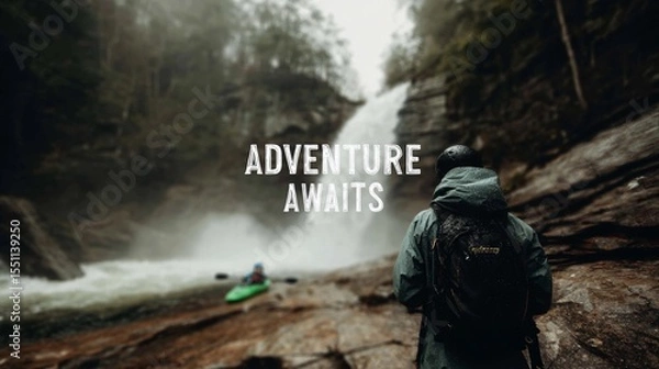 Obraz Motivational wall sign stating "Adventure Awaits," created with a minimalist and stylish touch for scenic poster applications.