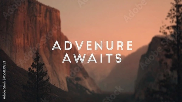 Obraz Motivational wall sign stating "Adventure Awaits," created with a minimalist and stylish touch for scenic poster applications.