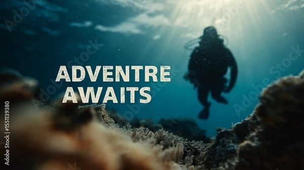 Obraz Motivational wall sign stating "Adventure Awaits," created with a minimalist and stylish touch for scenic poster applications.