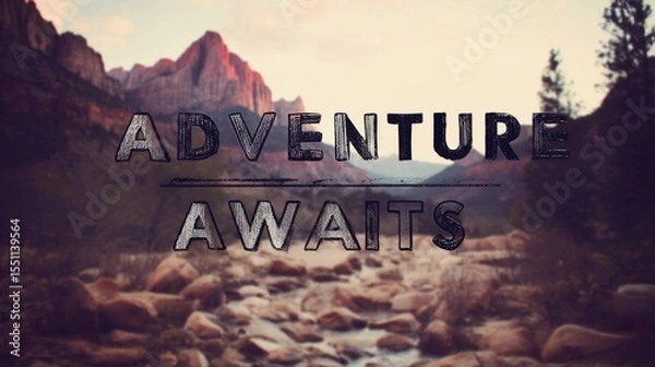 Obraz Motivational wall sign stating "Adventure Awaits," created with a minimalist and stylish touch for scenic poster applications.