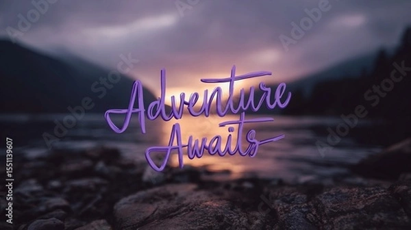 Obraz Motivational wall sign stating "Adventure Awaits," created with a minimalist and stylish touch for scenic poster applications.