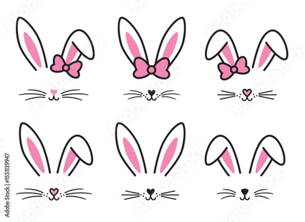 Fototapeta Cute Easter bunny faces and ears vector illustration set. Cute cartoon rabbit face drawing in minimal style.
