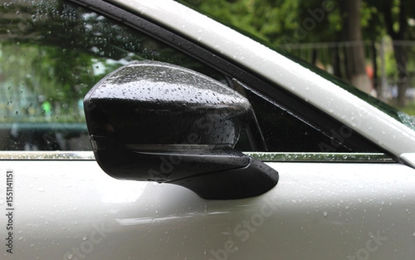 Obraz Close up stock photo of water drops on the glossy plastic cover of the car's side mirror
