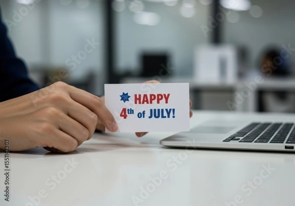 Fototapeta Happy 4th of July Card on an Office Desk a US Independence Day Business Greeting with Copy Space