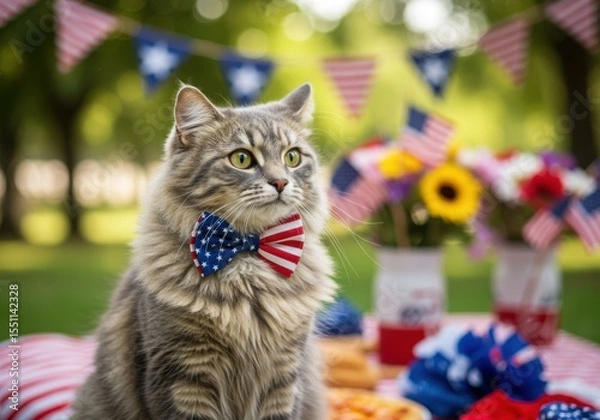 Fototapeta US Independence Day Cat with a Patriotic Bow Tie a 4th of July Celebration with a Pet and Copy Space