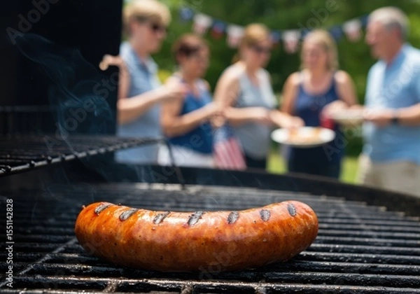 Fototapeta Grilling a Sausage for a 4th of July Barbecue a US Independence Day Cookout with Copy Space