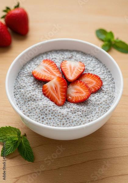 Obraz Chia seed pudding with strawberries and mint