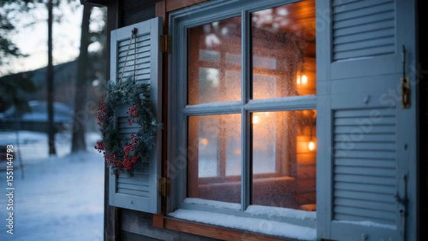 Fototapeta Cabin Window with Glowing Interior and Snowy Wreath Background Xmas High Resolution Wallpaper Illustration, Merry Christmas Background Hd Stock Photo