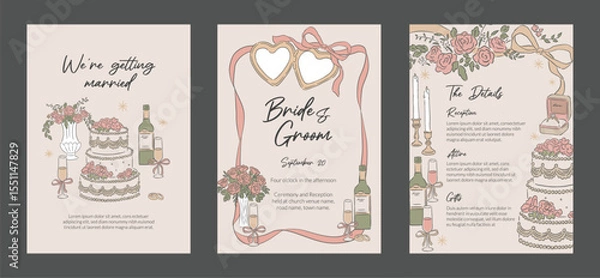 Obraz Collection of Wedding occasions event invitation hand drawn style template and background of Ribbon, cake and reception food