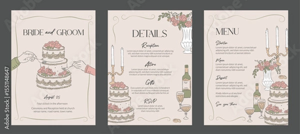 Obraz Collection of Wedding occasions event invitation hand drawn style template and background of cake and reception