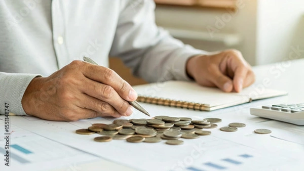 Fototapeta Cost of living inflation. Man counting coins financial document calculator notebook business planning cost of living increase saving ,rising prices,financial pressure,economic crisis