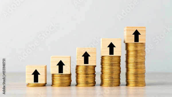 Fototapeta Cost of living inflation. Stacked gold coin wooden block black arrow financial growth saving investment cost of living increase economic ,rising prices,financial pressure,economic crisis
