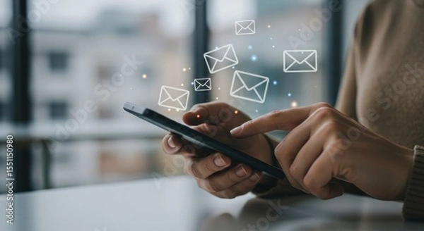 Fototapeta Email Delivery: Smartphone Interface with Digital Envelopes, Communication Technology.