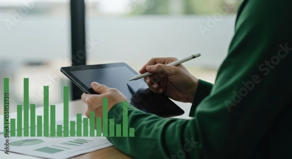 Fototapeta Tablet stylus data analysis, green chart overlay, business person at desk.