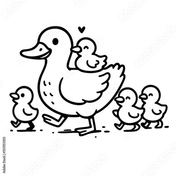 Fototapeta Two ducks and ducklings cartoon illustration isolated on white background