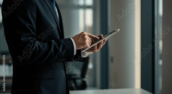 Fototapeta Executive in dark suit using tablet by bright window, modern business detail.