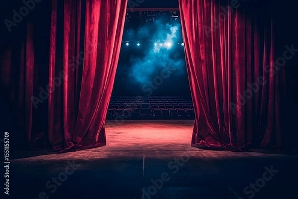 Fototapeta Dramatic Half Opening Entrance of Theater Stage with Red Curtains and Soft Blue Lighting Effects