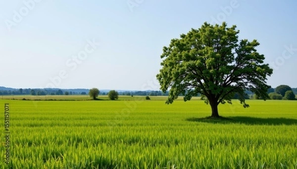 Fototapeta the landscape is dominated by a vibrant, green field that extends into the distance