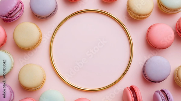 Fototapeta Colorful macarons arranged on pink background with golden circle copy space - dessert mockup 