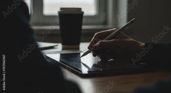 Fototapeta Tablet Sketching: Hands with Stylus, Dark Window, Coffee Cup.