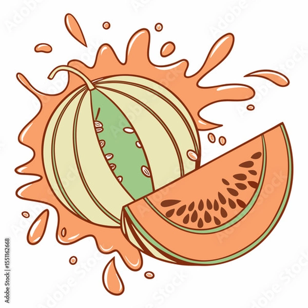 Fototapeta Stylized melon illustration with vibrant juice splash and slice element