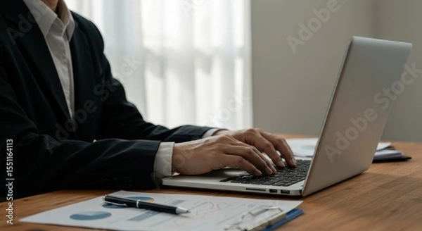 Fototapeta Business professional at desk, typing on laptop over data charts.