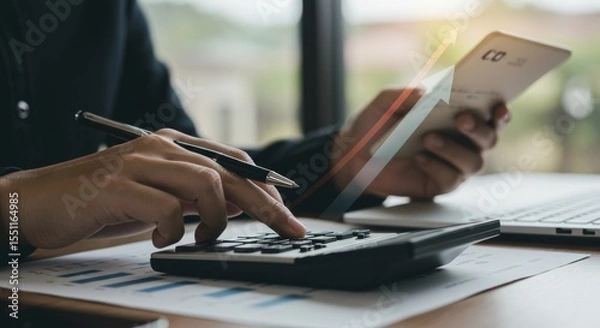 Fototapeta Accounting: Hands using calculator, pen, and graphs with passbook near laptop by window.