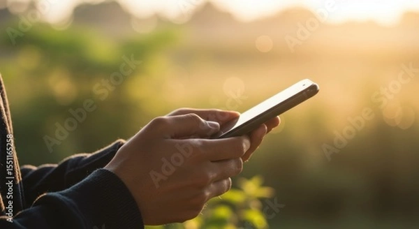 Fototapeta Golden Hour Mobile: Hands Holding Phone, Blurred Greenery, Warm Sunlight.