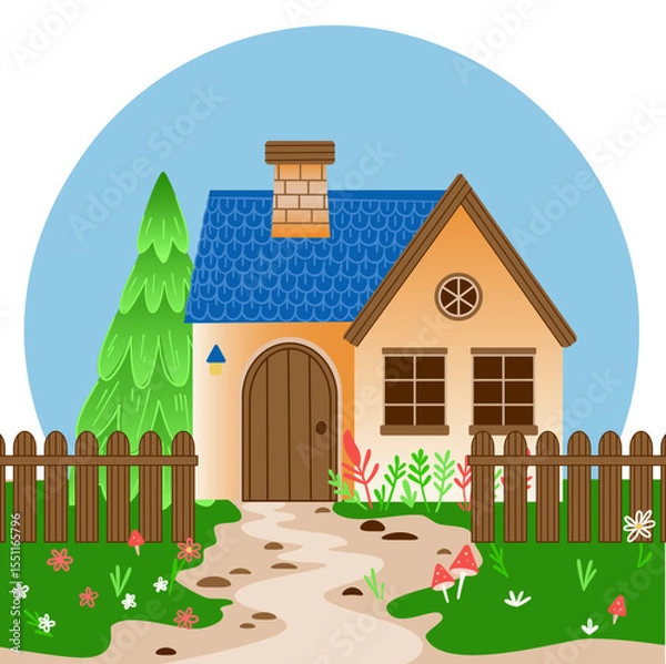 Fototapeta A cozy little house surrounded by pine trees, a fence and flowers. There is a path leading to the house and a chimney on the shingle roof. The scene is bright and inviting. Vector illustration