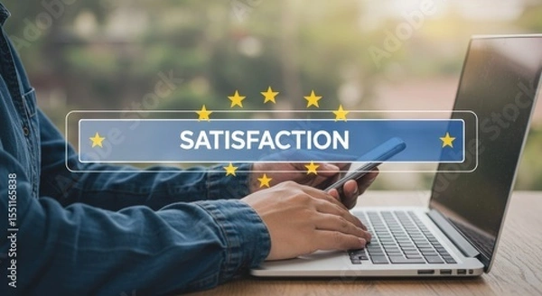 Fototapeta Digital Satisfaction: Person Using Laptop and Phone with Glowing Text Overlay.