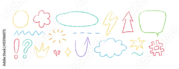 Obraz Crayon doodle element set. Hand drawn speech bubble, star, cloud. Color pencil underline, arrow, spark drawing. Kids chalk style question and exclamation mark. Vector illustration on white background.