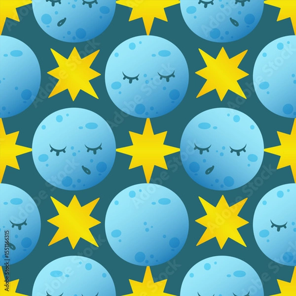 Fototapeta A repeating pattern of blue moons with closed eyes and yellow stars on a dark teal background. The design is playful and whimsical, suitable for various creative projects.